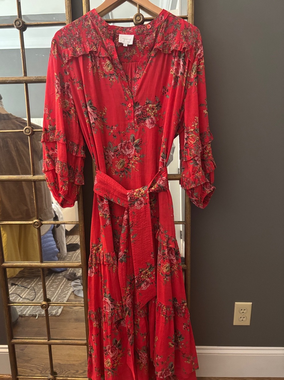 sundays Red Floral Tiered Midi Dress with Self-Tie Belt
